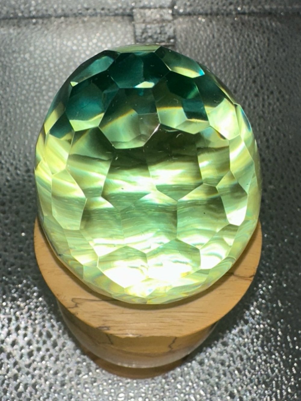 Green /aqua Faceted egg glass  Decorative Accent paperweight with wood stand